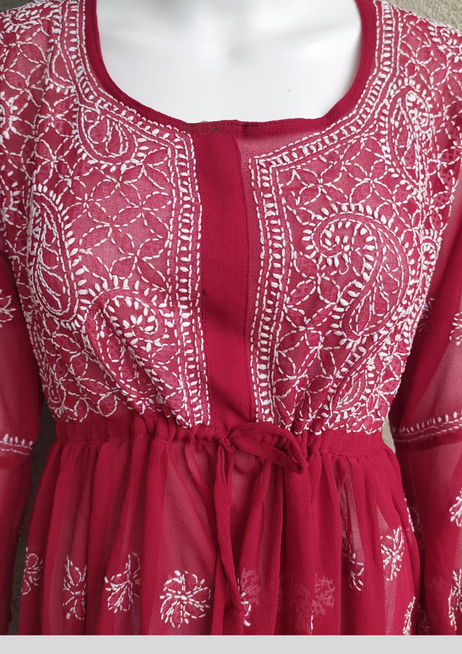 Maroon Short Georgette Chikankari Kurti With Bell Sleeves