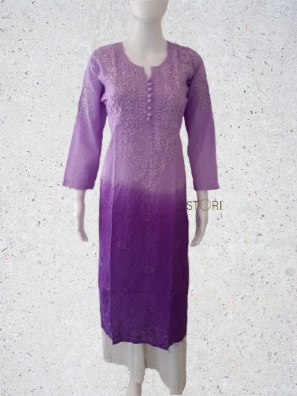 Lavender Purple Ombre Shaded Soft Dobby Cotton Chikankari Kurti