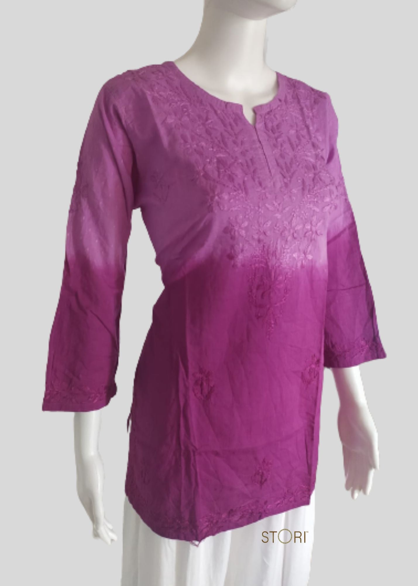 Rihaana Purple Dobby Cotton Ombre Shaded Short Chikankari Kurti