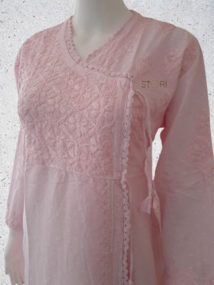 Light Pink Ombre Angarkha Pattern Soft Dobby Cotton Chikankari Kurti