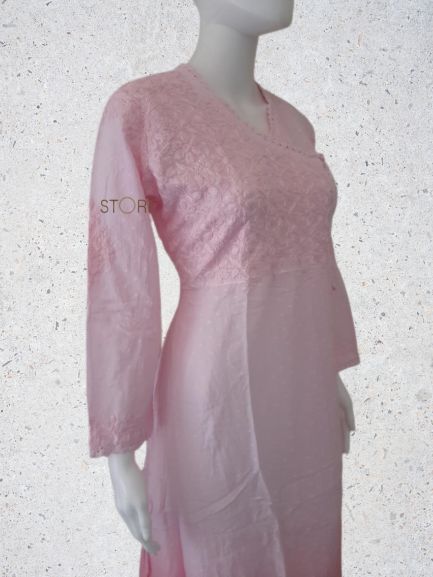 Light Pink Ombre Angarkha Pattern Soft Dobby Cotton Chikankari Kurti