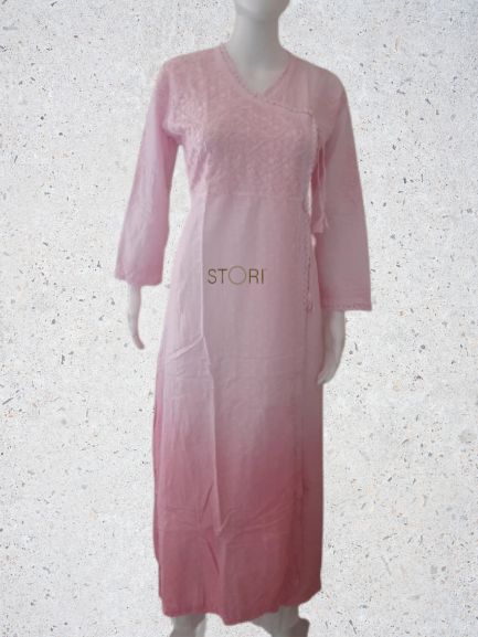 Light Pink Ombre Angarkha Pattern Soft Dobby Cotton Chikankari Kurti