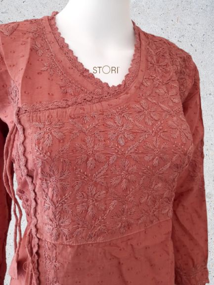 Latte Brown Ombre Angarkha Pattern Soft Dobby Cotton Chikankari Kurti