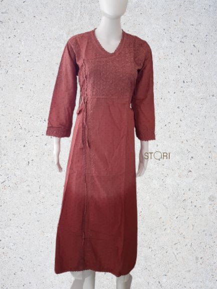 Latte Brown Ombre Angarkha Pattern Soft Dobby Cotton Chikankari Kurti