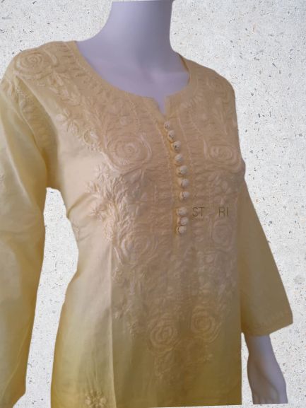 Butter Yellow Ombre Shaded Soft Dobby Cotton Chikankari Kurti