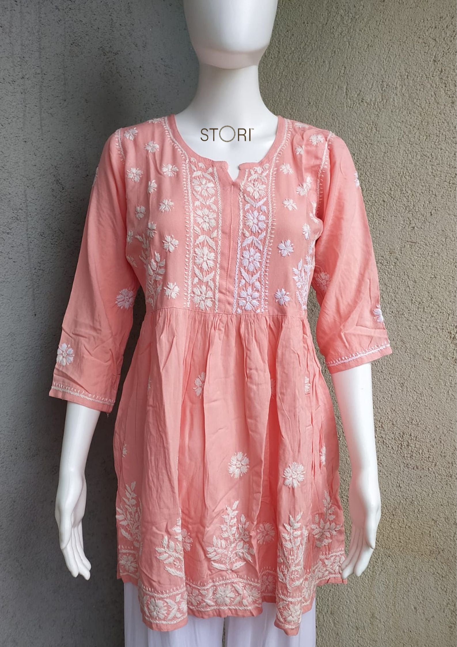 Peach Flared Rayon Short Chikankari Gown Kurti