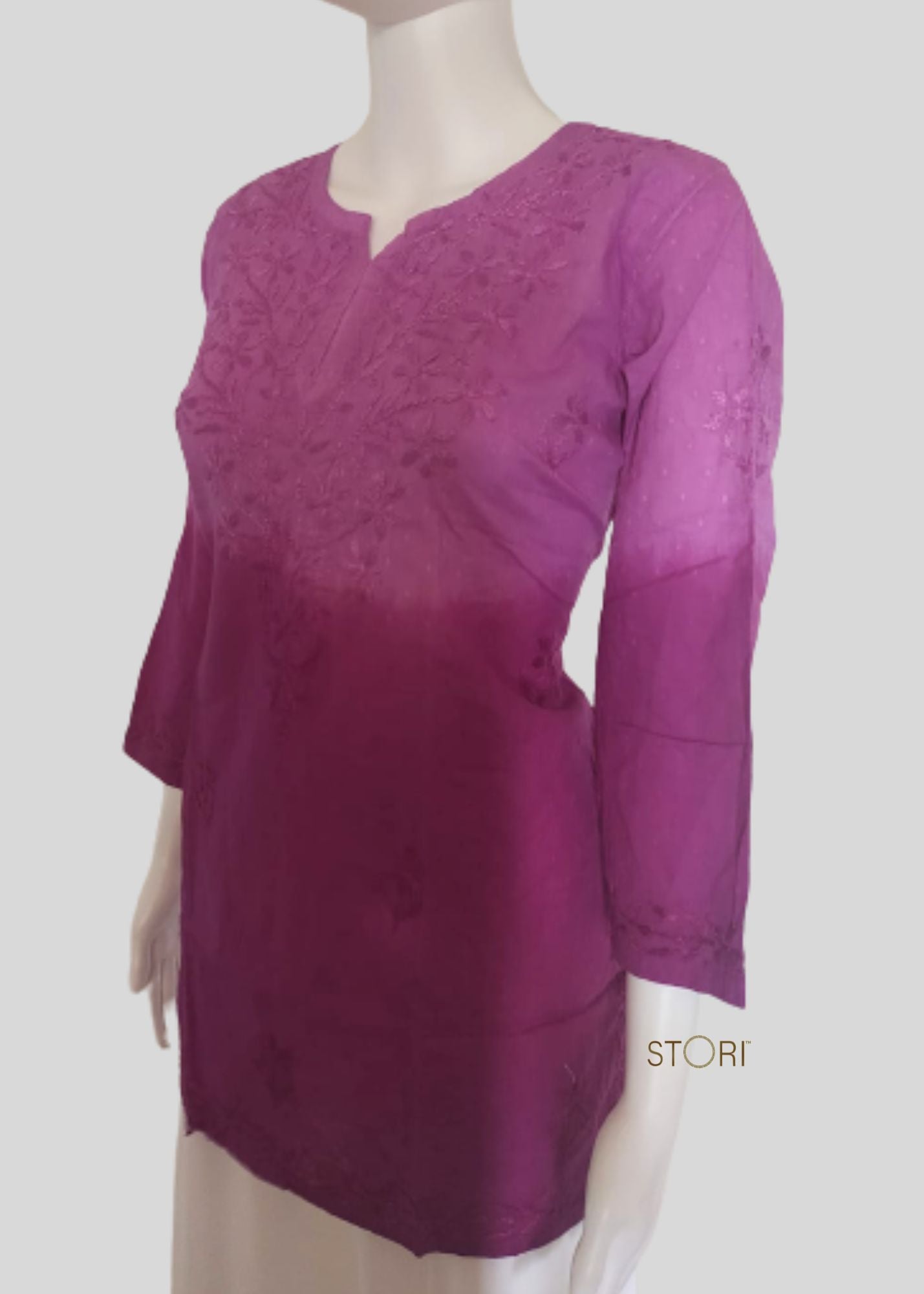 Rihaana Purple Dobby Cotton Ombre Shaded Short Chikankari Kurti