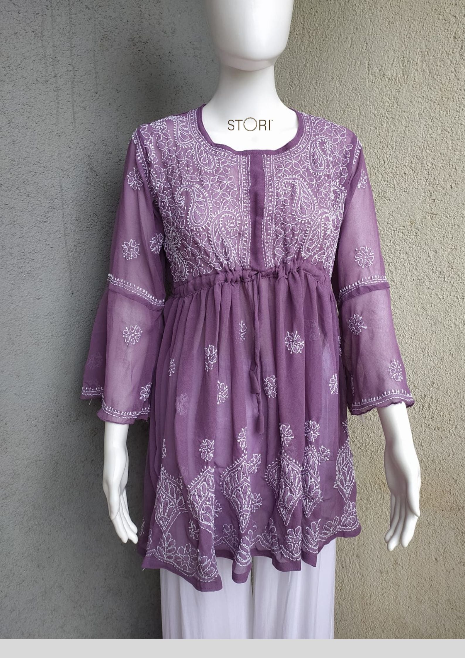 Mauve Short Georgette Chikankari Kurti With Bell Sleeves