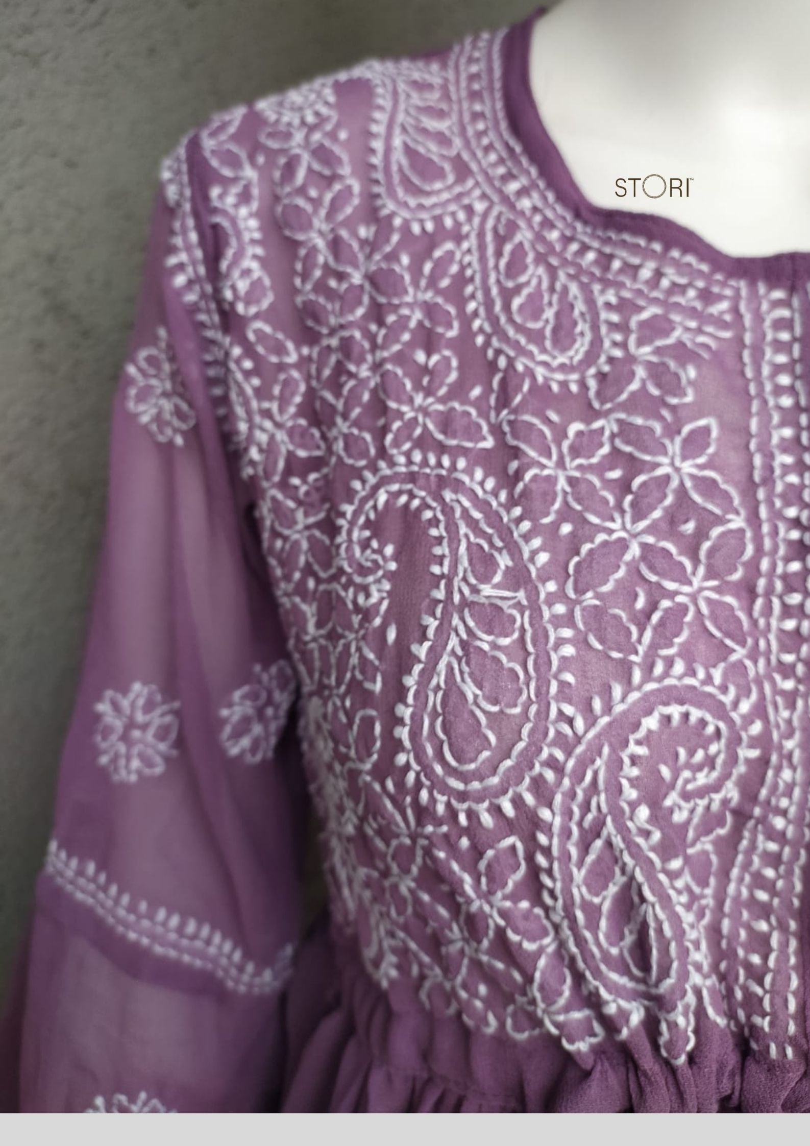 Mauve Short Georgette Chikankari Kurti With Bell Sleeves