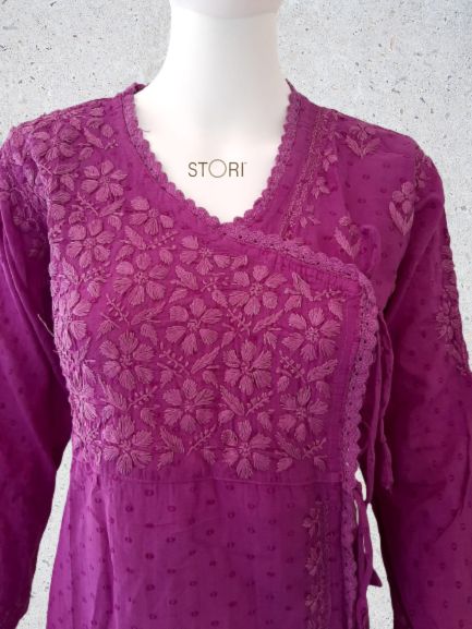 Magenta Purple Ombre Angarkha Pattern Soft Dobby Cotton Chikankari Kurti