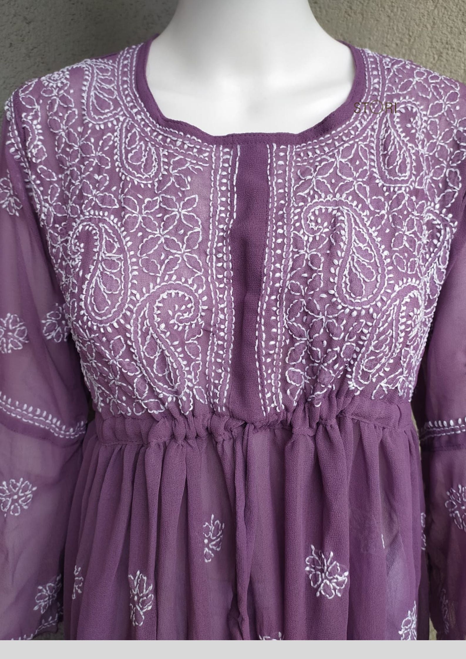 Mauve Short Georgette Chikankari Kurti With Bell Sleeves