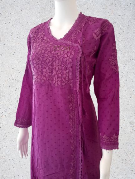 Magenta Purple Ombre Angarkha Pattern Soft Dobby Cotton Chikankari Kurti