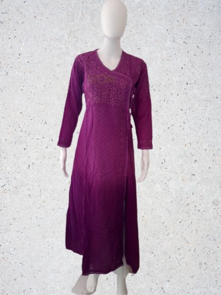 Magenta Purple Ombre Angarkha Pattern Soft Dobby Cotton Chikankari Kurti