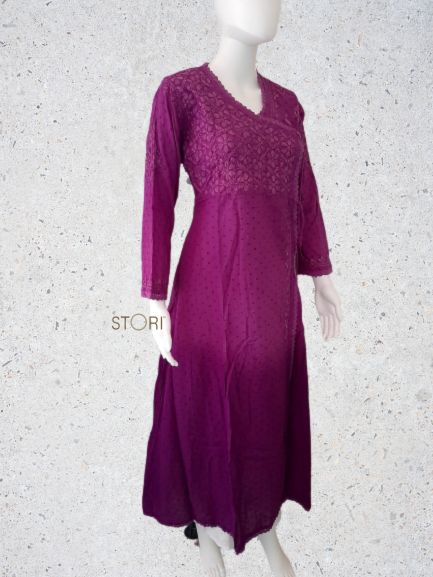 Magenta Purple Ombre Angarkha Pattern Soft Dobby Cotton Chikankari Kurti