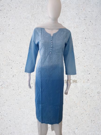 Powder Blue Ombre Shaded Soft Dobby Cotton Chikankari Kurti