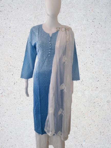 Powder Blue Ombre Shaded Soft Dobby Cotton Chikankari Kurti