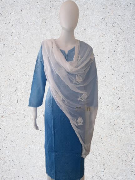 Powder Blue Ombre Shaded Soft Dobby Cotton Chikankari Kurti