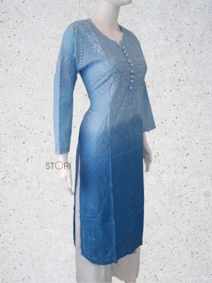 Powder Blue Ombre Shaded Soft Dobby Cotton Chikankari Kurti