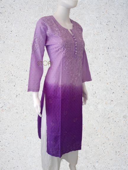 Lavender Purple Ombre Shaded Soft Dobby Cotton Chikankari Kurti