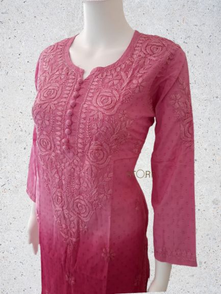 Rose Pink Ombre Shaded Soft Dobby Cotton Chikankari Kurti