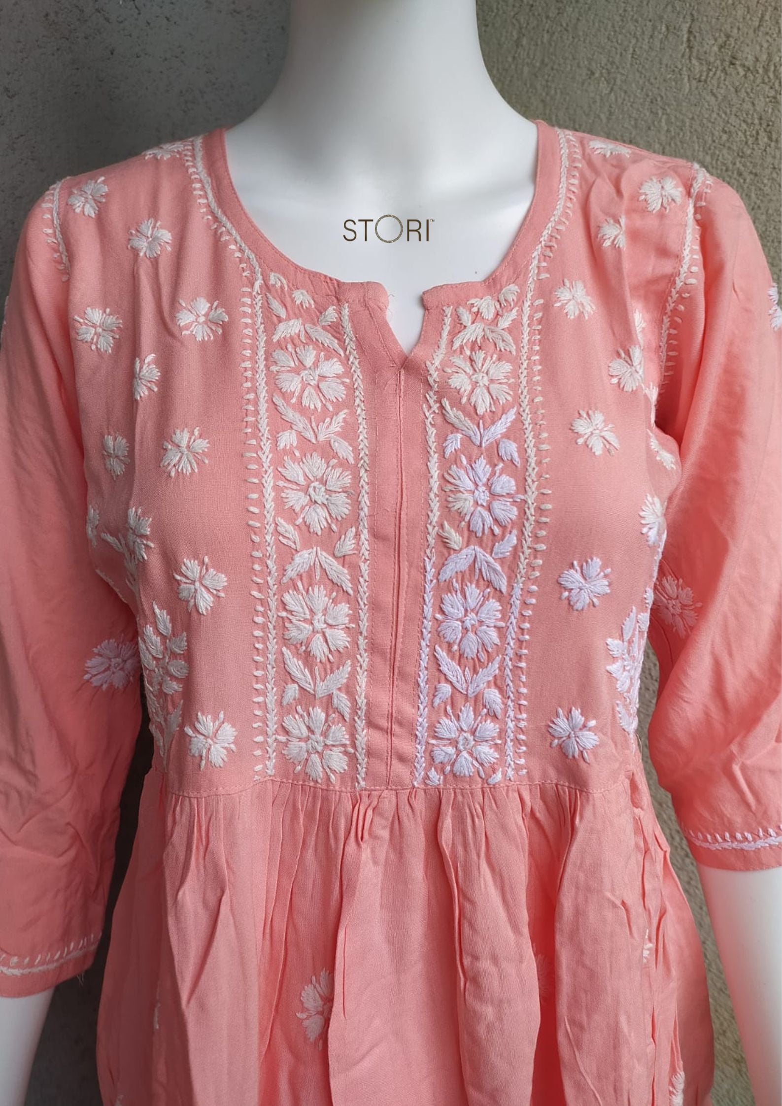 Peach Flared Rayon Short Chikankari Gown Kurti