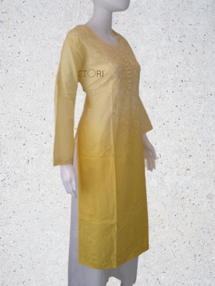 Butter Yellow Ombre Shaded Soft Dobby Cotton Chikankari Kurti