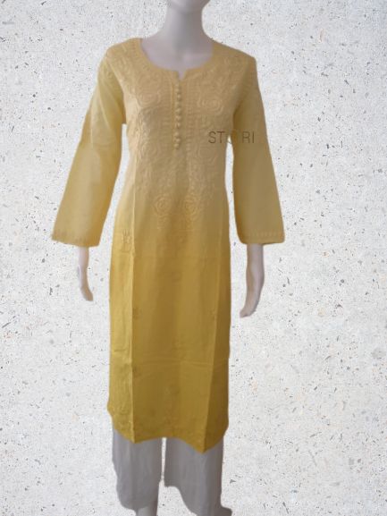 Butter Yellow Ombre Shaded Soft Dobby Cotton Chikankari Kurti