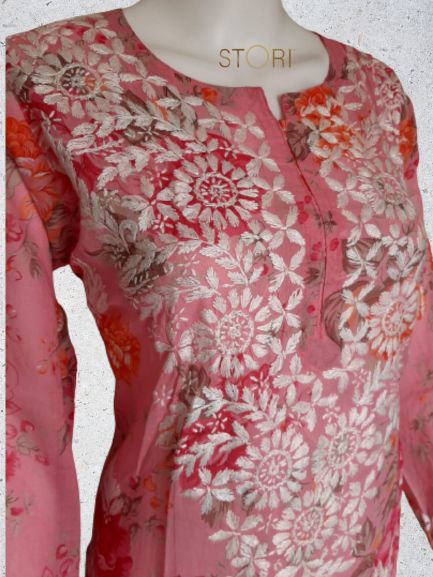 Floral Dusty Pink Cotton Mulmul Chikankari Kurti