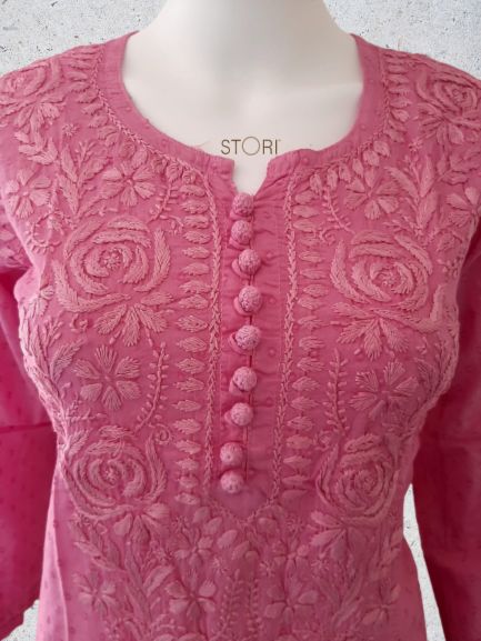 Rose Pink Ombre Shaded Soft Dobby Cotton Chikankari Kurti