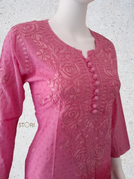 Rose Pink Ombre Shaded Soft Dobby Cotton Chikankari Kurti