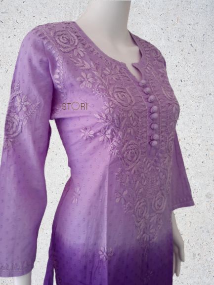 Lavender Purple Ombre Shaded Soft Dobby Cotton Chikankari Kurti