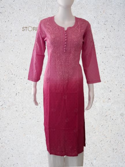 Rose Pink Ombre Shaded Soft Dobby Cotton Chikankari Kurti