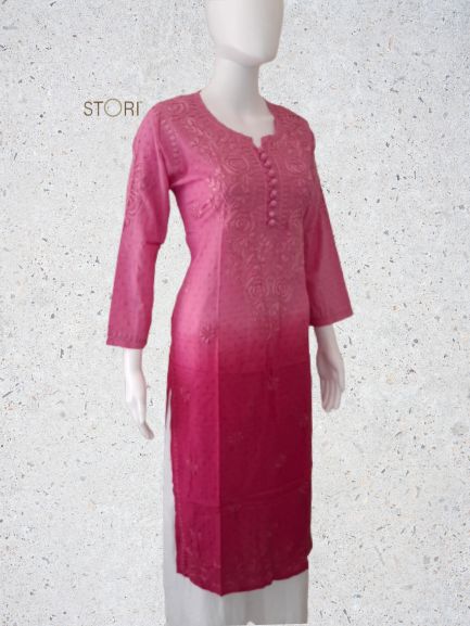 Rose Pink Ombre Shaded Soft Dobby Cotton Chikankari Kurti