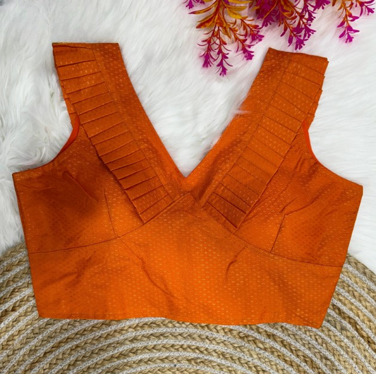 Orange Frilled V-Neck Jacquard Designer Blouse