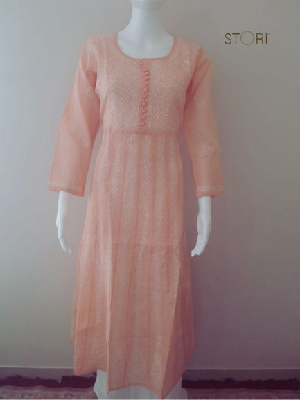 Peach Voile Cotton Anarkali Chikankari Kurti