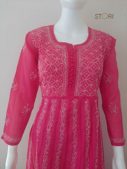 Rani Pink Voile Cotton Anarkali Chikankari Kurti