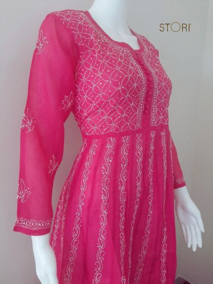 Rani Pink Voile Cotton Anarkali Chikankari Kurti