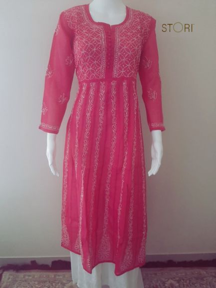 Rani Pink Voile Cotton Anarkali Chikankari Kurti