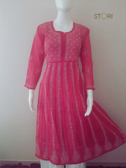 Rani Pink Voile Cotton Anarkali Chikankari Kurti