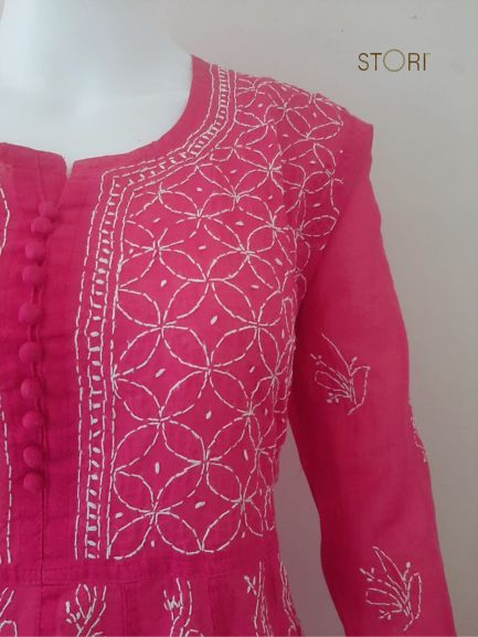 Rani Pink Voile Cotton Anarkali Chikankari Kurti