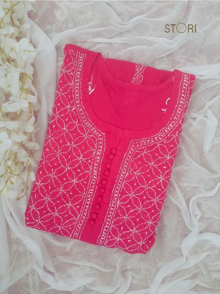 Rani Pink Voile Cotton Anarkali Chikankari Kurti