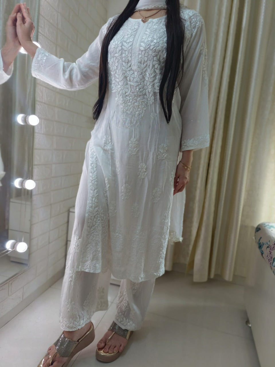 Aleesha White Soft Modal Chikankari Kurti & Palazzo Set