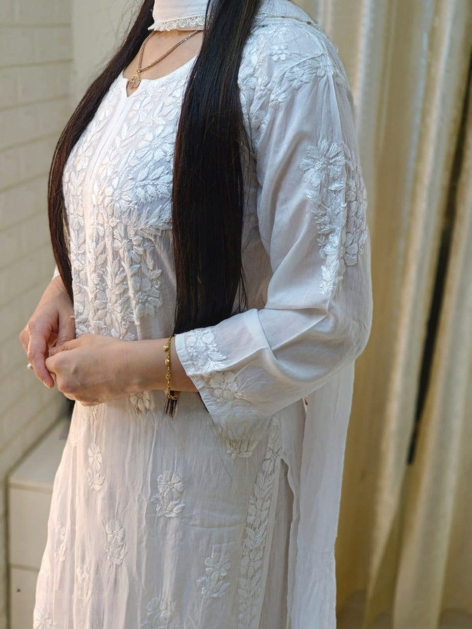 Aleesha White Soft Modal Chikankari Kurti & Palazzo Set