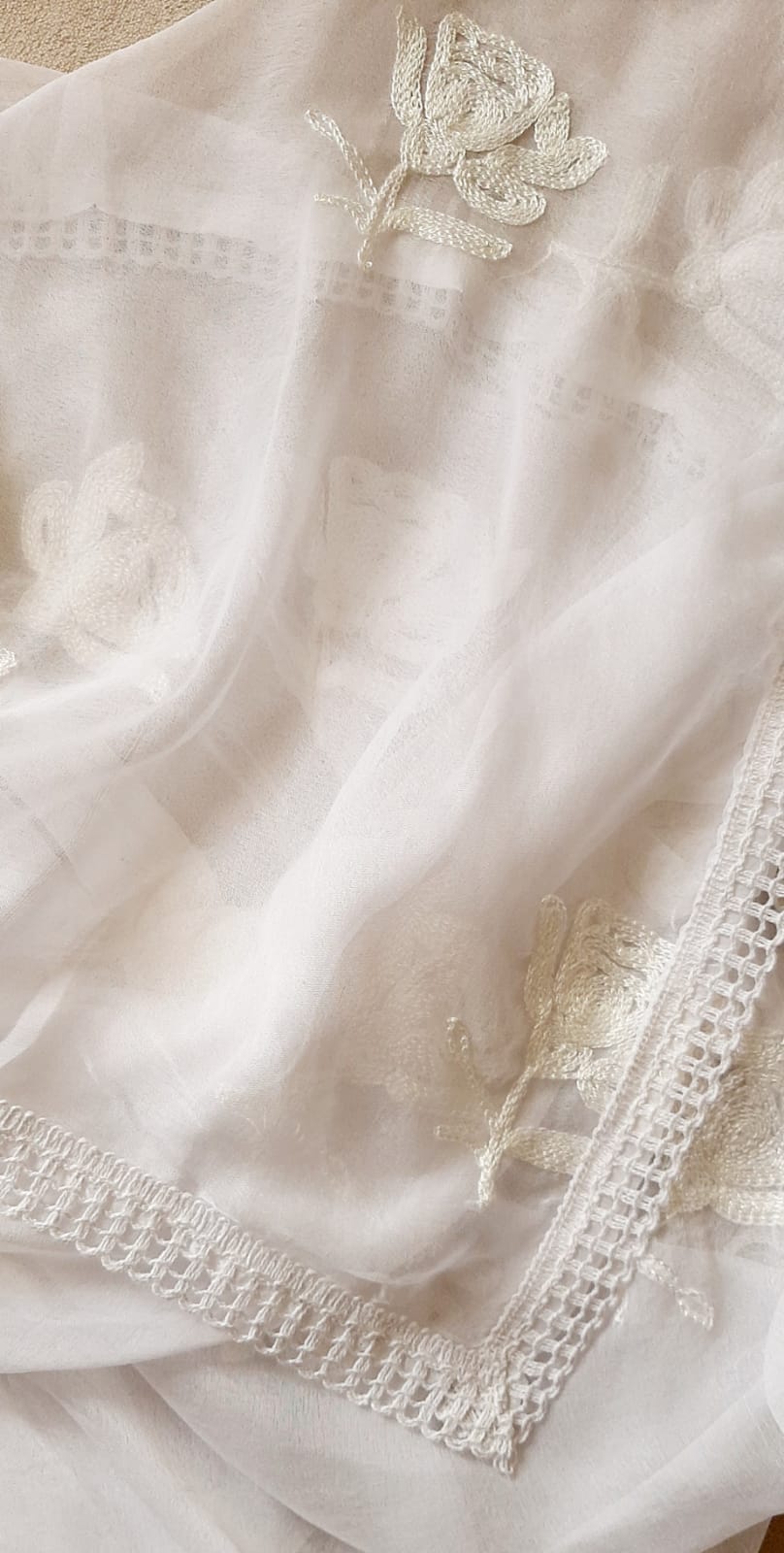 Embroidered Rose Motifs Chiffon Lucknowi Chikankari Dupatta