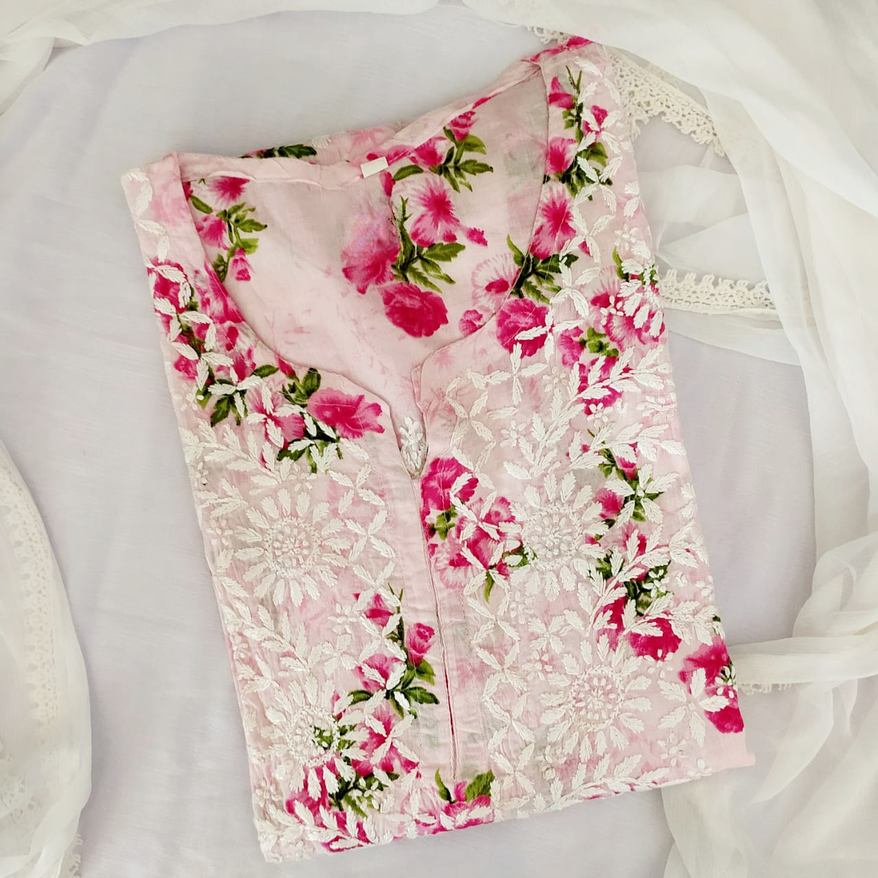 Floral Pink Cotton Mulmul Chikankari Kurti