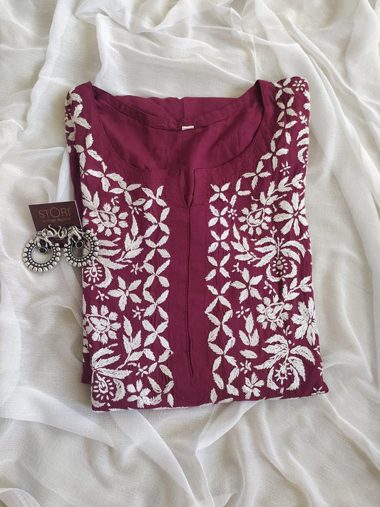 Zaarah Maroon Handcrafted Soft Modal Cotton Chikankari Kurti