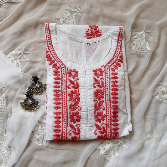 White & Tomato Red Soft Cotton Chikankari KurtiWhite & Rose Pink Soft Cotton Chikankari Kurti