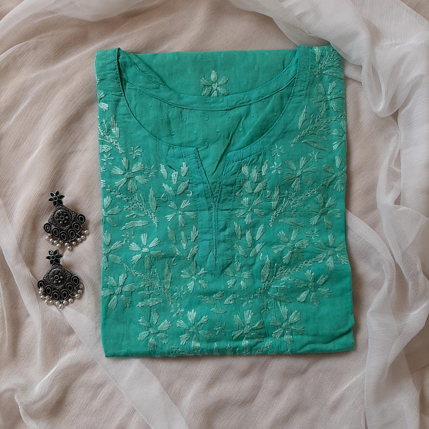 Seagreen Dobby Cotton Short Chikankari Kurti