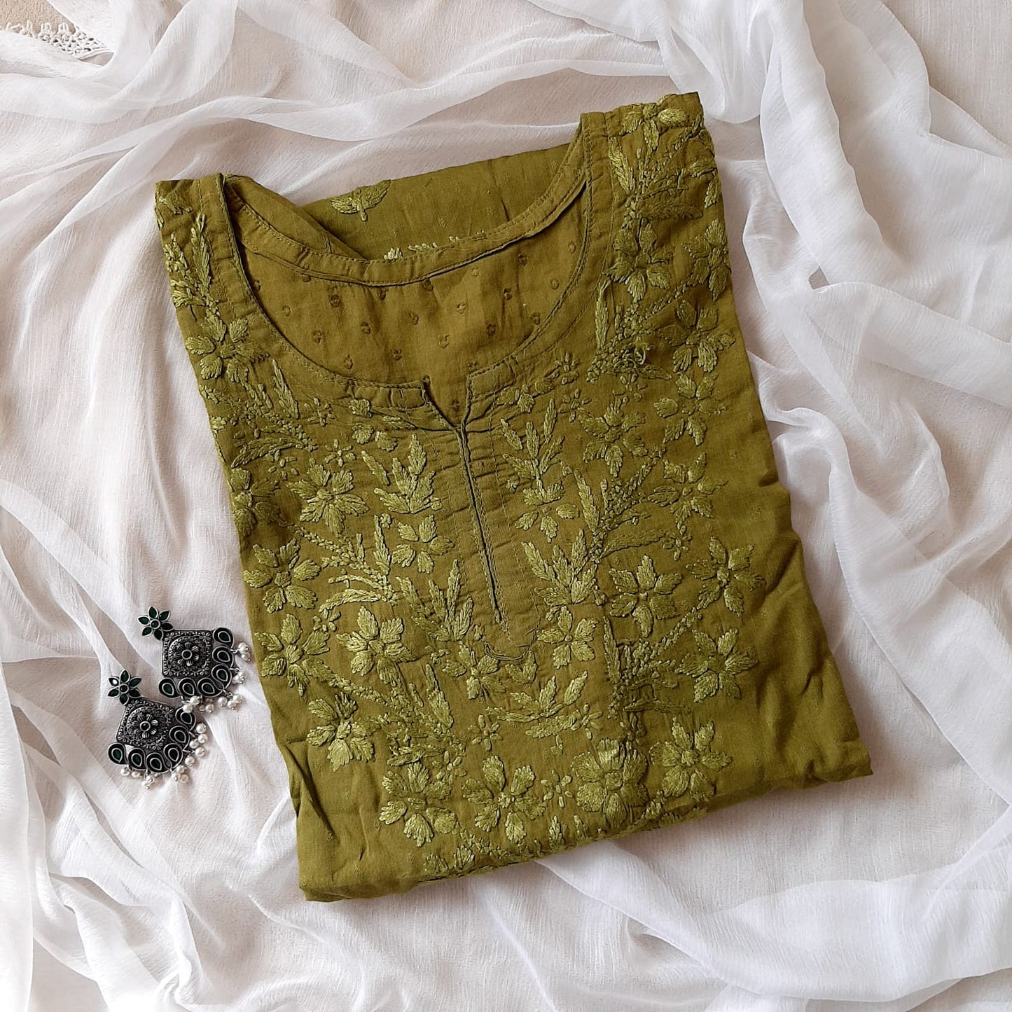 Mehendi Green Dobby Cotton Short Chikankari Kurti