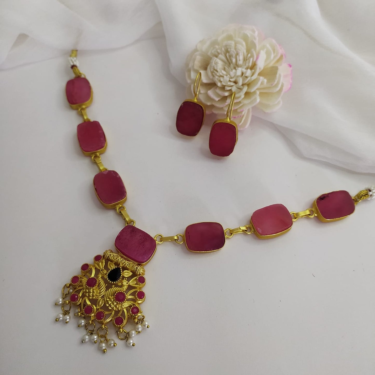 Pink Quartz Statement Necklace Set